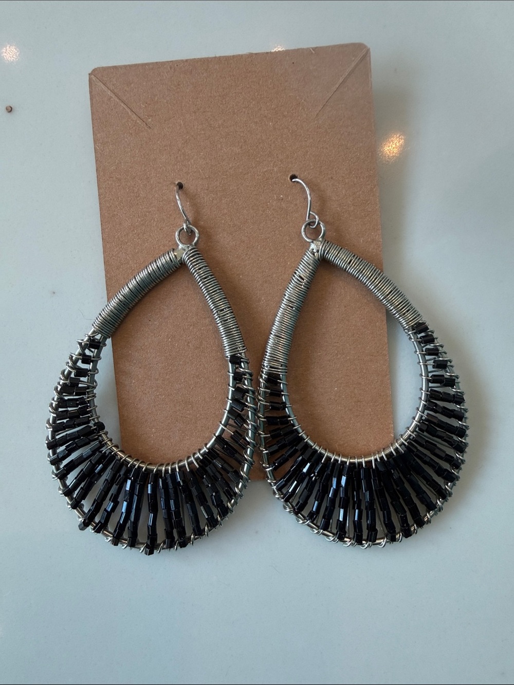 Handcrafted Silver-Tone Black Beaded Teardrop Earrings